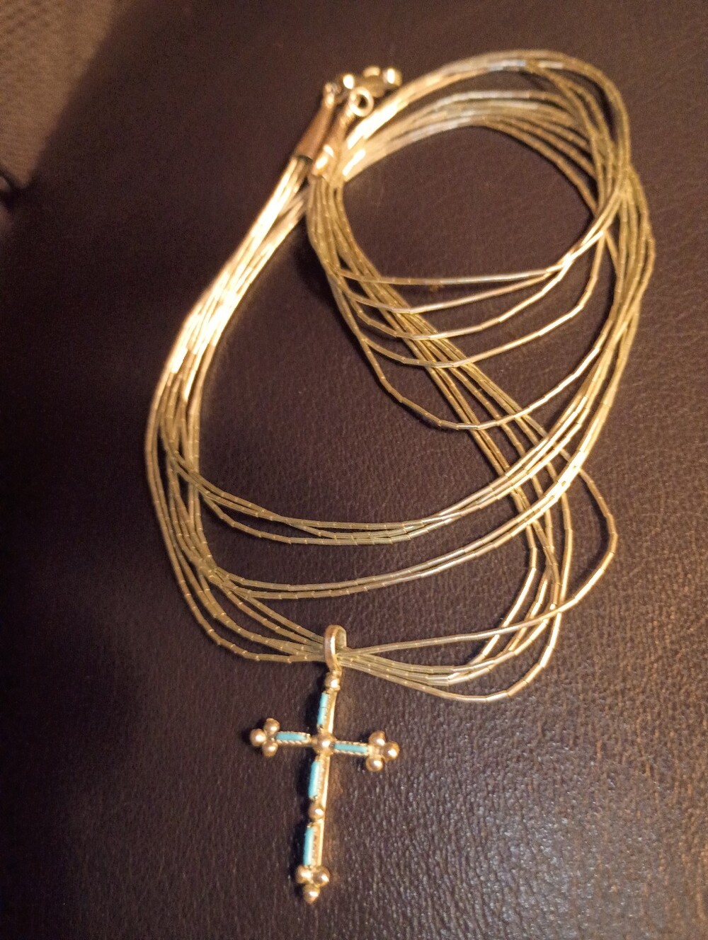 Vintage Handmade Native American ''23 Liquid Silver Cross Necklace w/Turquoise